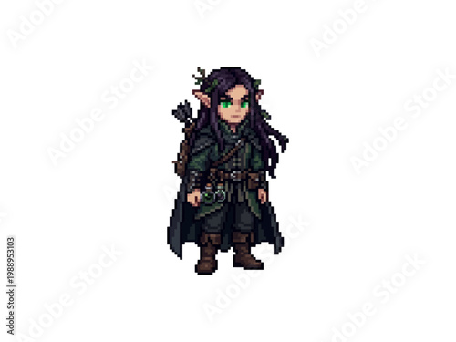 pixel art of a dark-haired elven rogue equipped with a bow, quiver, and green potion vials, wearing a long cloak.