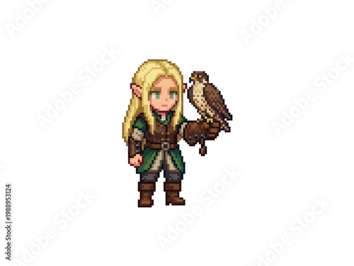 pixel art of an elven falconer with long blonde hair holding a hunting hawk on a thick leather protective glove.