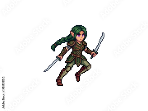 pixel art of a female elven assassin in a dynamic running pose, wielding dual silver scimitars and wearing leather armor.