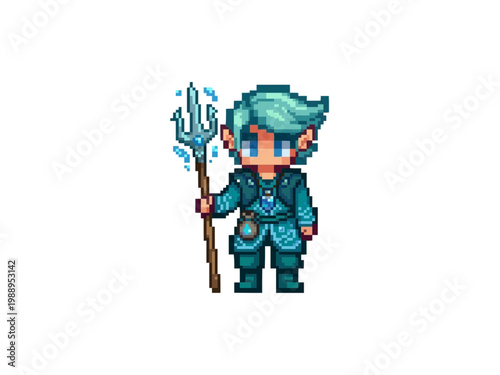 pixel art of a blue-haired water elf holding a glowing crystal trident, wearing aquatic scaled armor and a small pouch.
