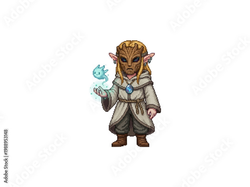 pixel art of an elven shaman wearing a wooden mask, summoning a small blue ghost spirit in his open hand.