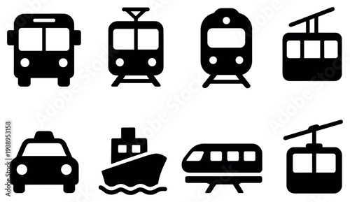 Transport icons with bus train cablecar glyph