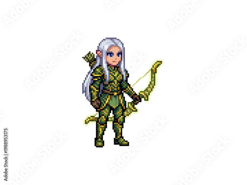 pixel art of an elven queen in ornate golden scale armor holding a glowing magical bow with intricate runic details.