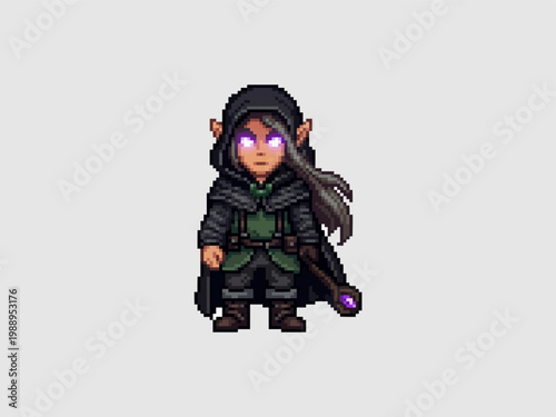 pixel art of a dark elf rogue character with glowing purple eyes wearing a black hooded cloak and leather armor.