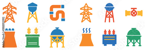 Industrial icons with tower tank valve flat