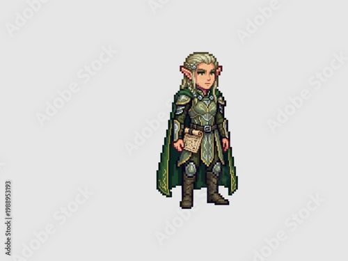 pixel art of a noble elf knight in green and gold ornate armor wearing a long flowing emerald green cape.