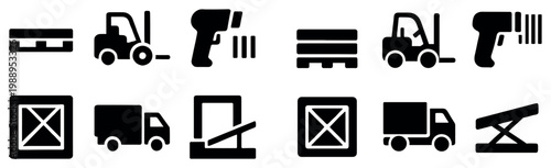Warehouse icons with forklift pallet scanner minimal