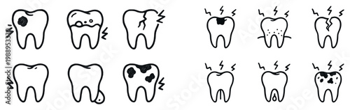 Dental icons with tooth cavity pain outline