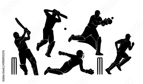 Cricket player silhouette vector set with batting bowling and fielding action poses isolated on white