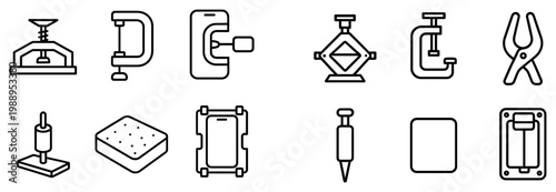 Workshop icons with clamp press sponge outline