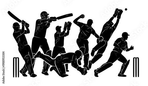 Cricket player silhouette vector set with batting bowling and fielding action poses isolated on white