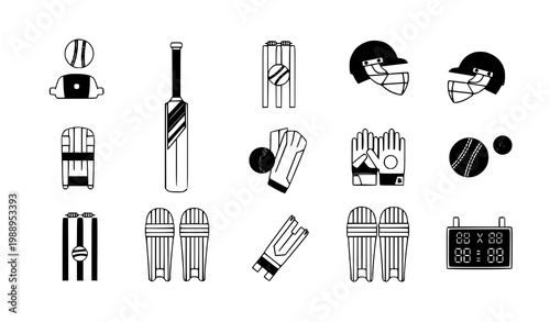 Cricket sport icon set with bat ball wickets and equipment flat vector isolated on white background