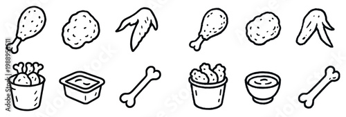 Food icons with chicken wing drumstick bucket doodle style