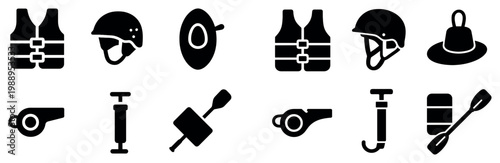 Safety icons with life vest helmet and whistle solid glyph