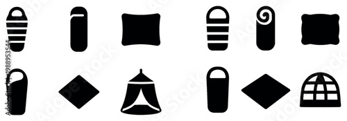 Camping icons with sleepingbag pillow tent simple