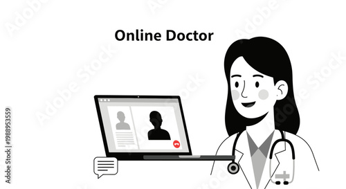 Online Doctor Telemedicine Concept with Female Physician and Laptop.