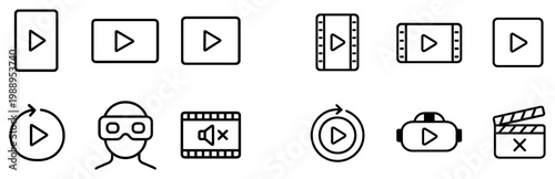 Media icons with play vr film clapper outline minimal