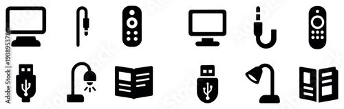 Technology icons with monitor usb jack minimal