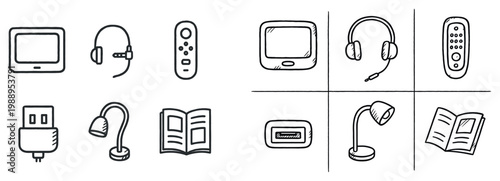 Device icons with tablet headset remote sketch