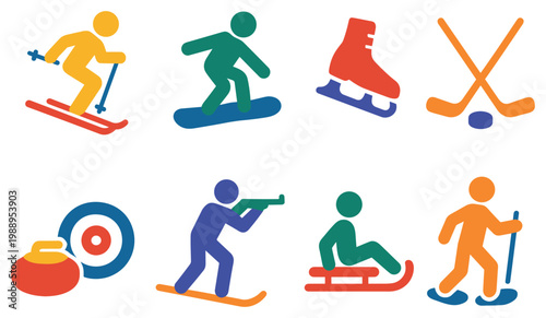 Winter sports icons with skier snowboarder skater colorful