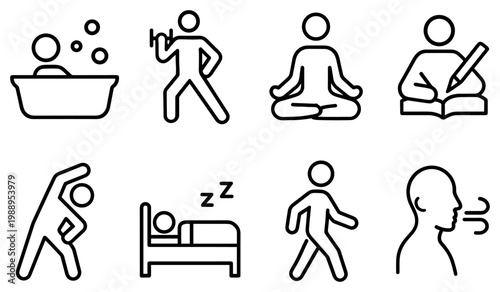 Wellness icons with bath meditation book outline