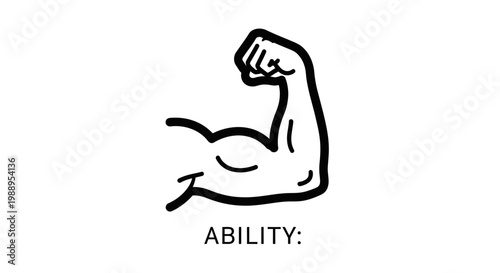 Strong muscular arm flexing bicep with ability text, line art vector illustration.