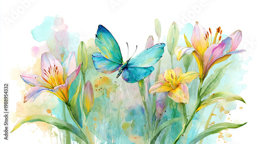 watercolor botanical butterfly and flowers texture template background.Elegant wedding invitation card background . Minimal hand painted Design for wedding or Valentine's Day