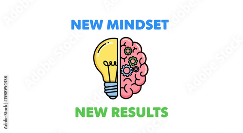 New Mindset New Results Concept with Brain and Lightbulb Illustration