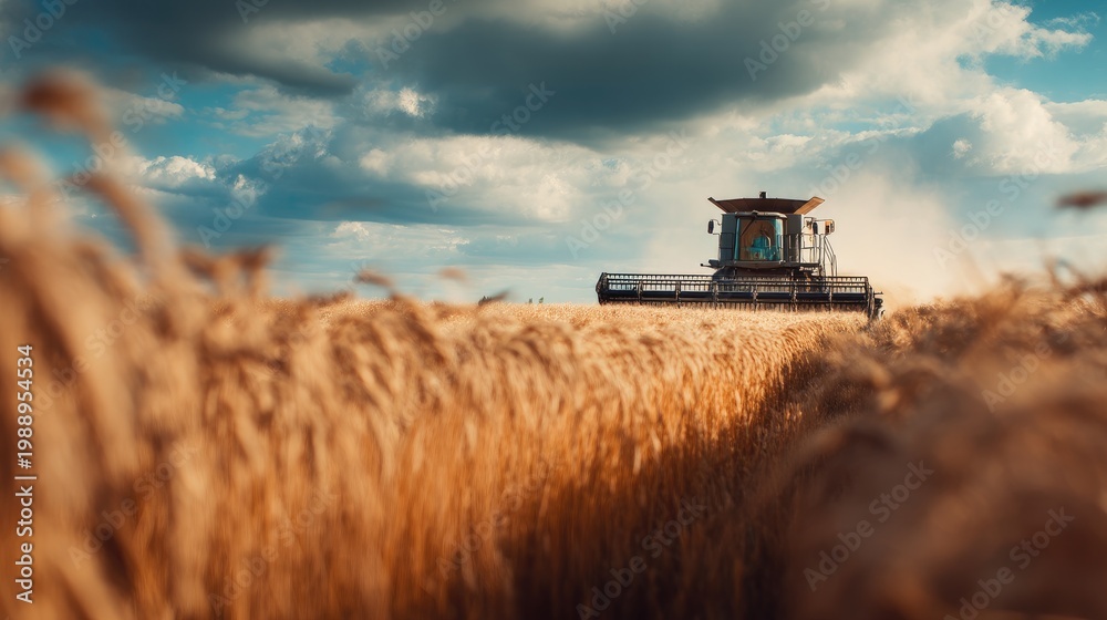 Obraz premium Harvesting Wheat with Combine in Open Field Under Dramatic Sky