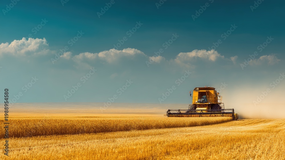 Fototapeta premium Tractor Harvesting Grain in Golden Wheat Field Under Blue Sky