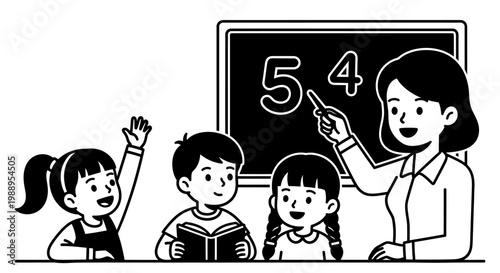 Teacher Explaining Lesson to Elementary Students in Classroom Illustration