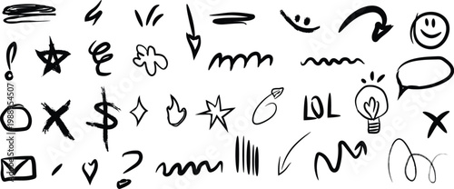 Hand Drawn Doodle Symbols Vector Illustration Set. Fun collection of doodle symbols including arrows, icons, and marks. Perfect for notes, creative designs, and informal visual communication.