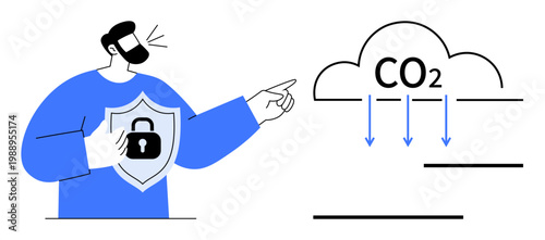 Climate change, carbon footprint, data security, environmental protection, sustainability, technology integration. Person with shield pointing at CO2 cloud. Climate change and data security concept