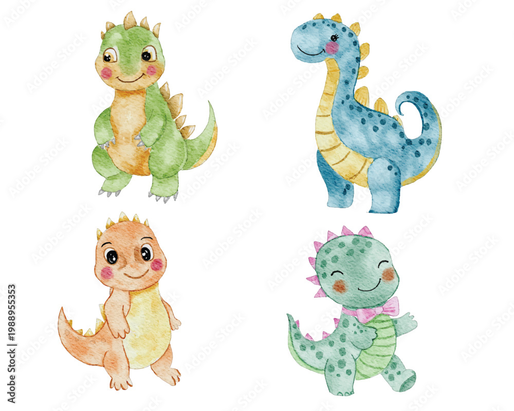 Naklejka premium Cute Dinosaur Watercolor illustration Set
