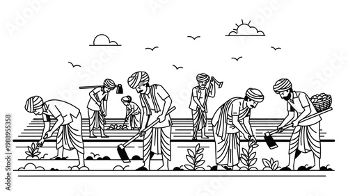 Indian Farmers Working in Agricultural Field Vector Illustration