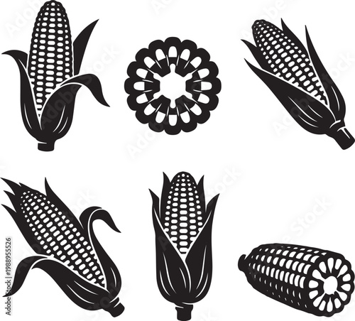 Corn Silhouette Set – Maize Vegetable Icons Collection, Sweet Corn Black Vector Illustration