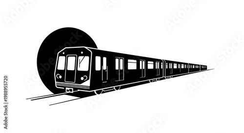 Subway Train Emerging from Tunnel Illustration, Minimalist Black and White Vector Art.