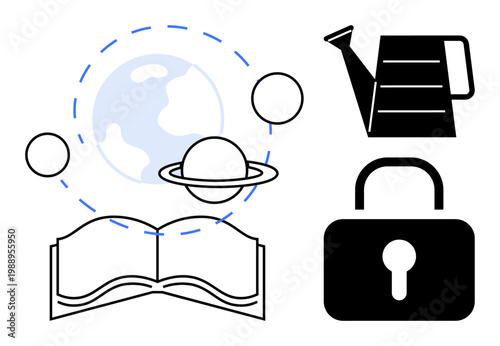 Education, sustainability, cybersecurity, environment, learning, knowledge protection. Open book with planets, locked padlock watering can. Education and sustainability visually