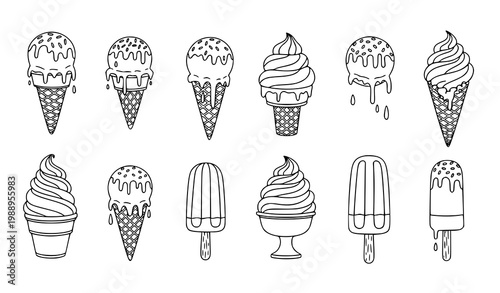Ice cream doodle vector set hand drawn melting scoops cone popsicle