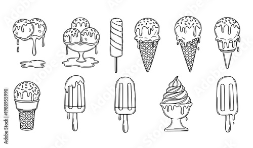 Ice cream doodle collection vector hand drawn dessert melting design