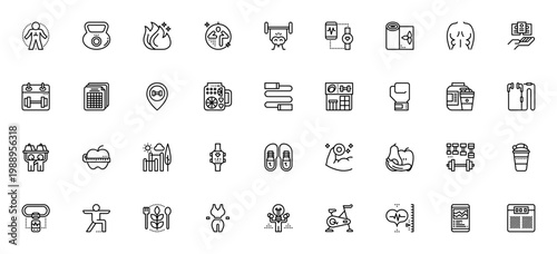 Exercise & Fitness icon set. Vector illustration pack includes anatomy, kettlebell, yoga, workout, gym, running shoes, smartwatch, dumbbell, proteins, calorie burn and more. Editable stroke.