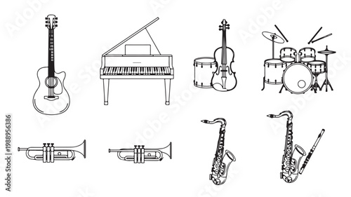 Various Musical Instruments On White Background For Music Education Concepts