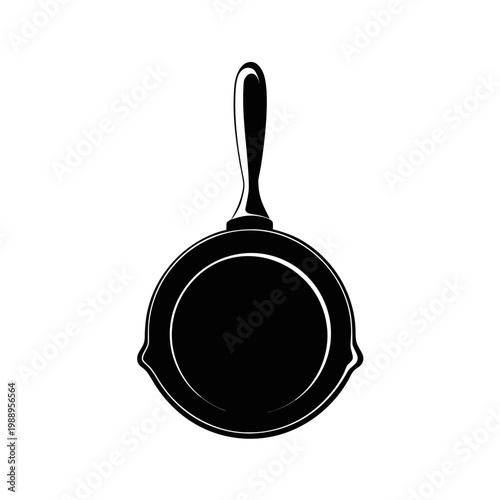 Black frying pan, cast iron skillet, kitchen cookware, cooking utensil, vector icon