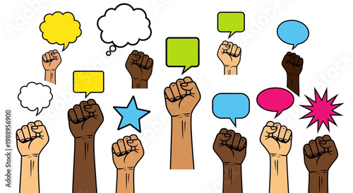 Diverse hands raised in protest.