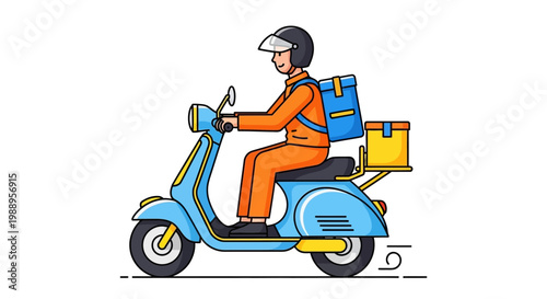 Man riding blue scooter with backpack.