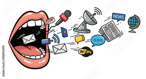 Mouth with media icons coming out.