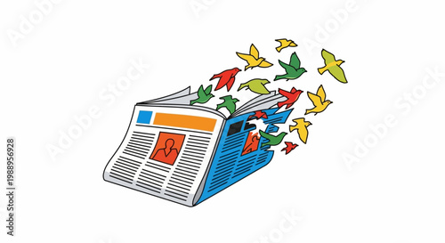 Newspaper with colorful birds flying out.