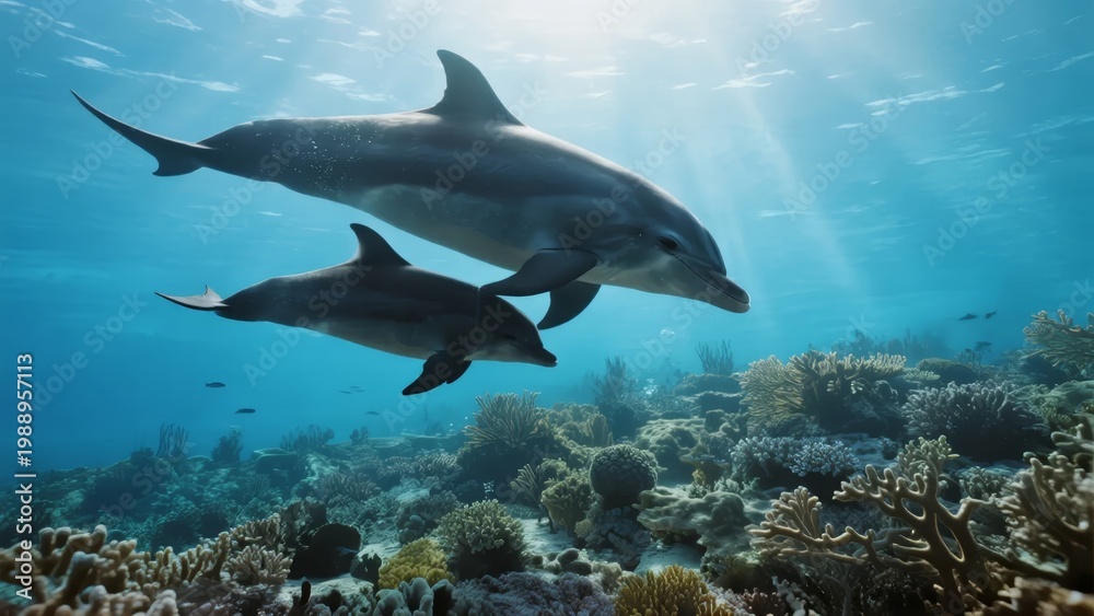 Obraz premium Two dolphins swimming gracefully over a vibrant coral reef in clear blue ocean waters