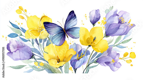 watercolor botanical butterfly and flowers texture template background.Elegant wedding invitation card background . Minimal hand painted Design for wedding or Valentine's Day