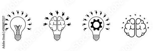 Creative idea and innovation icon set featuring brain, light bulb, and gear symbols in line art style